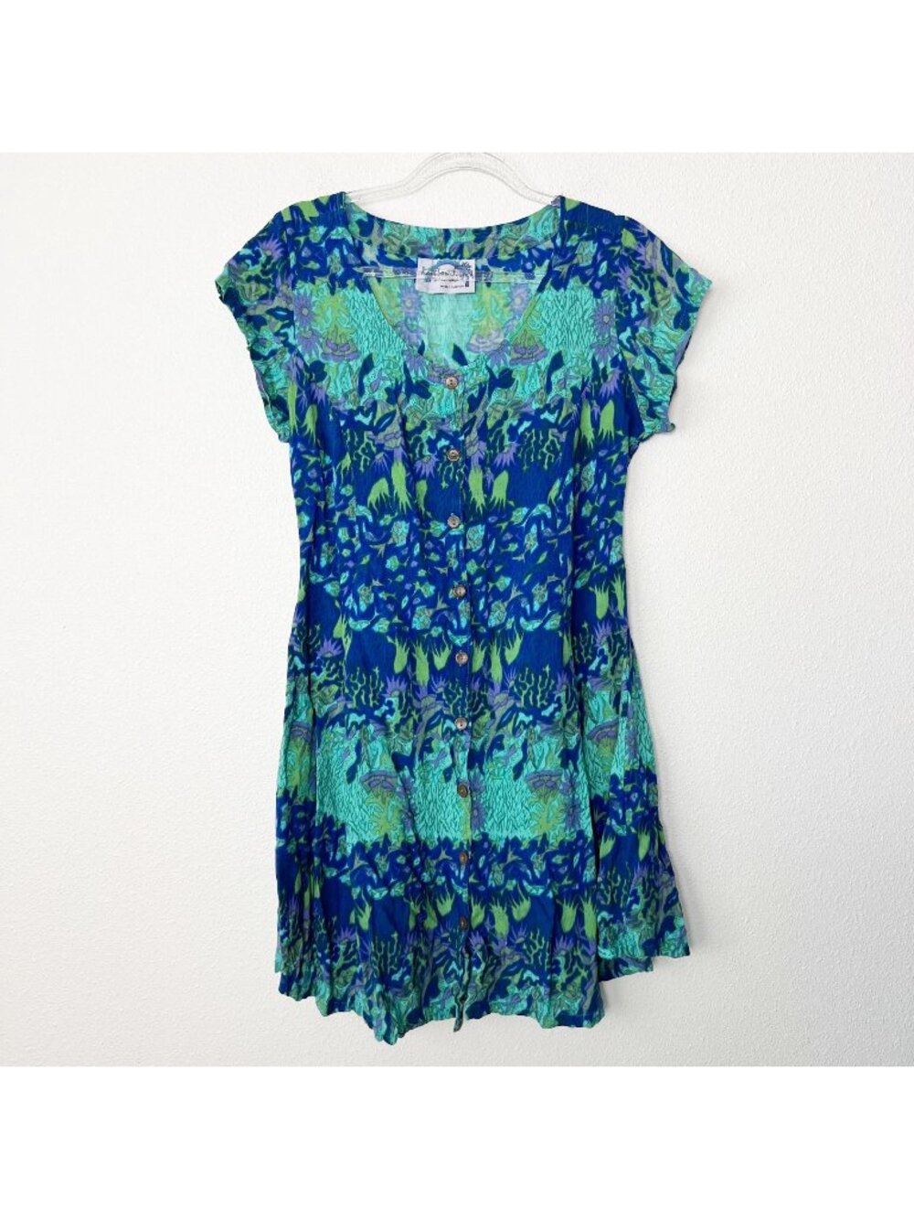 Rainbow Jo Hawaii Womens Large Ocean Fish Lace Up Back Button Front Rayon Dress